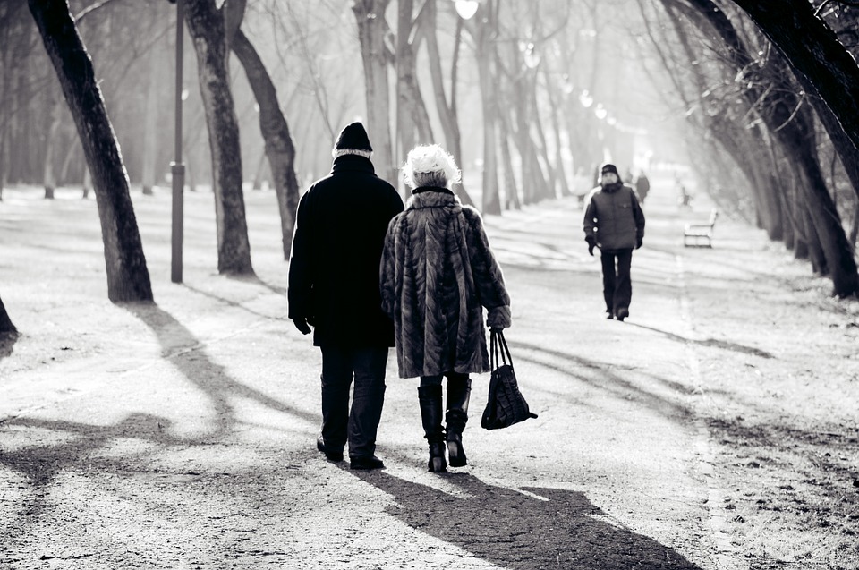пожилая пара зимой в парке
