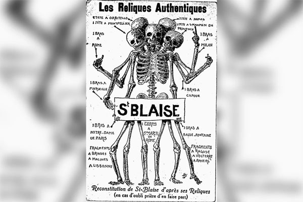 Французская открытка конца 19 – начала 20 века, наглядная критика почитания мощей. На одном изображении помещены все части мощей Власия, которые находятся в разных городах